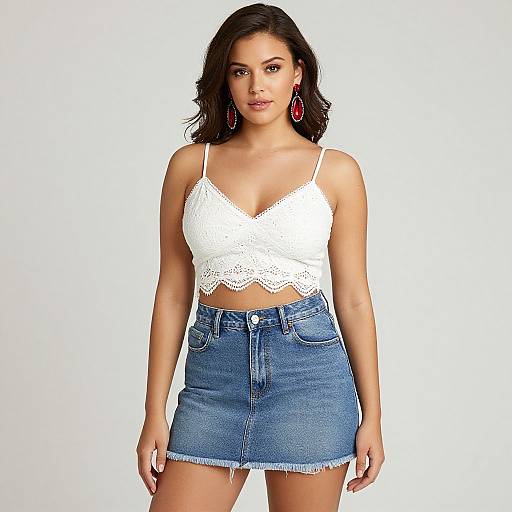 Photograph of a young woman with dark hair, wearing a white lace crop top and blue denim skirt, red earrings, standing against a white background.