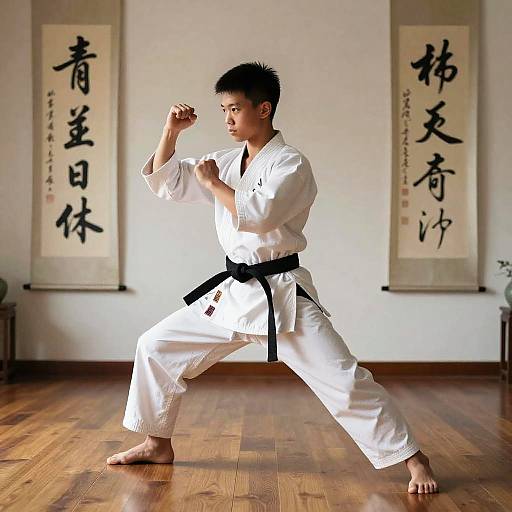 Boy Training Martial Arts in Dojo