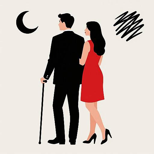 Stylized Couple Illustration with Crescent Moon