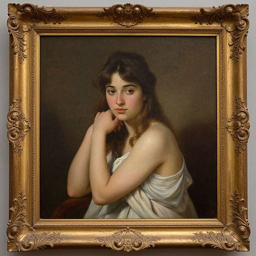 Classical oil painting of a young woman with fair skin, brown wavy hair, and a white, draped garment, framed in an ornate gold