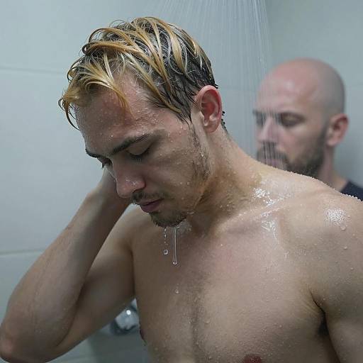 Muscular Man Showering in Blue Tint