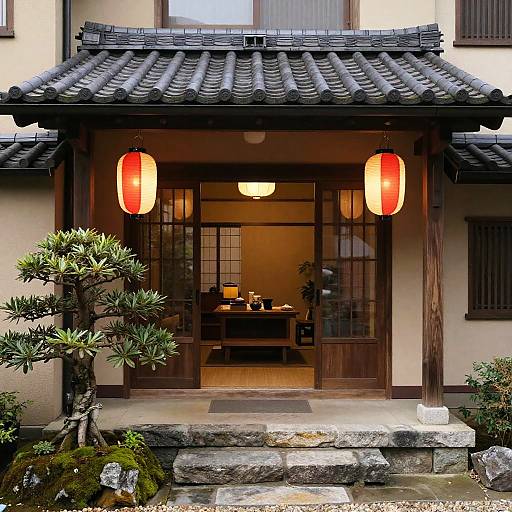 Japanese Entrance with Lanterns and Bonsai