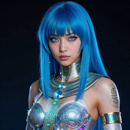 Digital art of a beautiful Asian woman with vibrant blue hair, cyberpunk-style metallic armor, and glowing blue accents against a black background.
