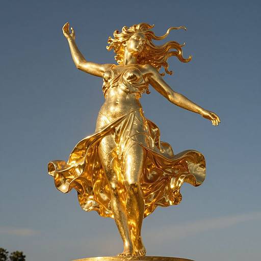 Photograph of a golden, dancing female statue with flowing hair and dress, arms raised, against a clear blue sky.