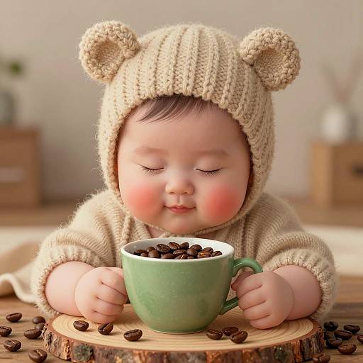 Chubby Baby Embracing Coffee Beans