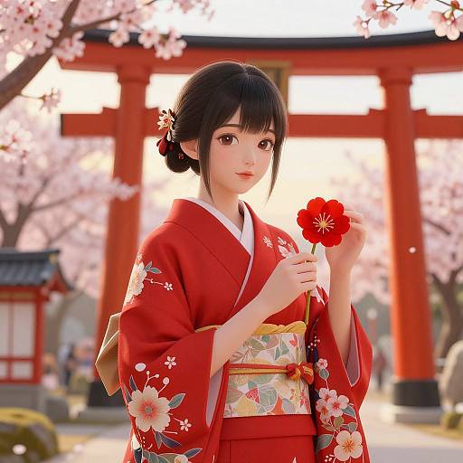 Digital artwork of a young Japanese woman in a red floral kimono holding a red flower, standing in front of a torii gate with cherry blossoms