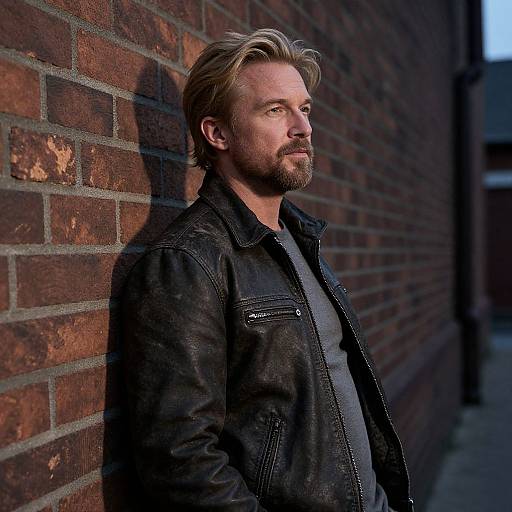 Photograph of a bearded, blonde-haired man with light skin, wearing a black leather jacket and gray shirt, leaning against a brick wall in daylight