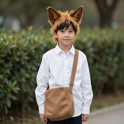 Photograph of an Asian boy with fox ears, white shirt, brown satchel, standing outdoors, green bushes in blurred background.