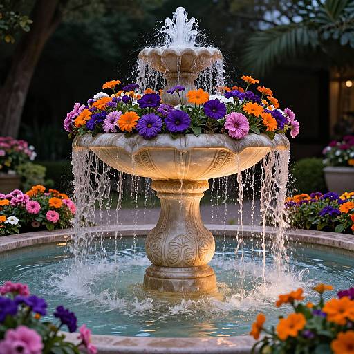 Photograph of a stone fountain with cascading water, adorned with vibrant orange, purple, and pink flowers, surrounded by a lush garden.