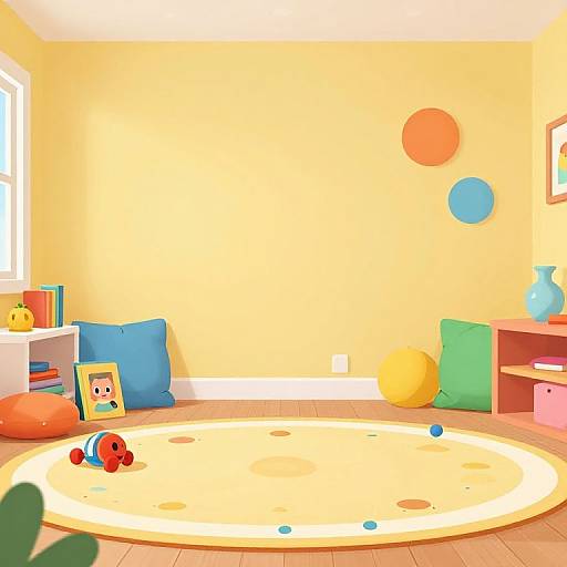 Bright, colorful children's room with yellow walls, round beige rug, blue and orange cushions, toys, and books on shelves.