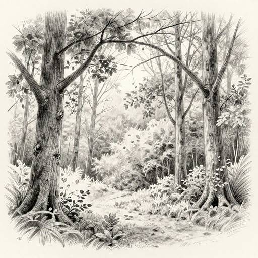 Intricate black-and-white forest illustration: detailed trees with textured bark, dense foliage, and varied grasses. Monochromatic, highly detailed,
