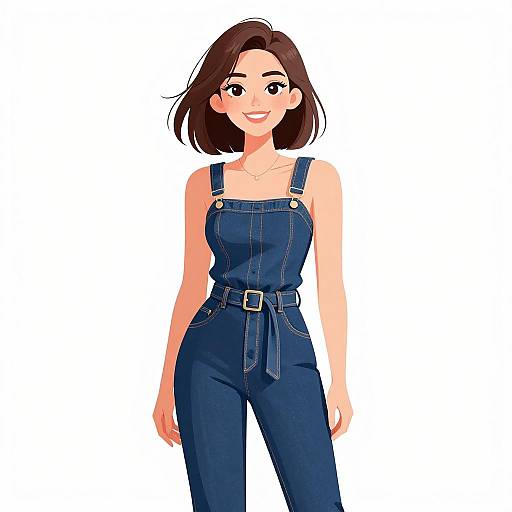 Digital illustration of a smiling, brown-haired woman in a blue denim overall with a belt, standing against a white background.