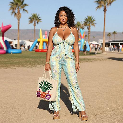 Curly-haired woman in a light blue, patterned jumpsuit with a deep V-neck, holding a pineapple tote, standing on a sunny beach with
