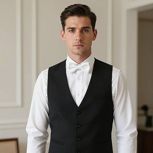 Photograph of a handsome young man with dark hair, wearing a black vest over a white dress shirt and bow tie, standing in an elegant, white
