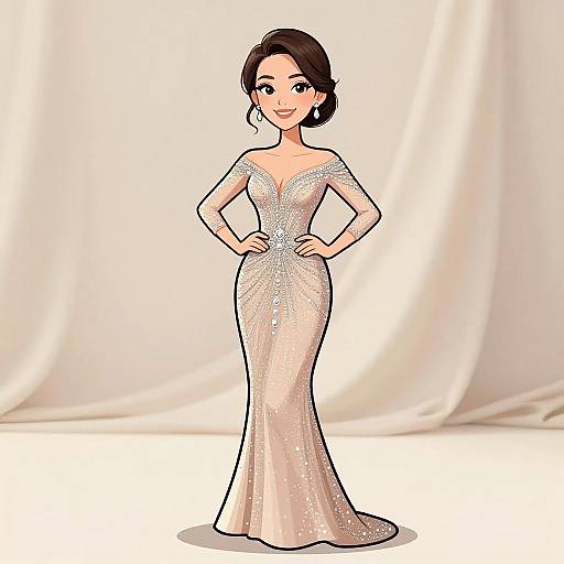 Digital cartoon of a smiling woman with brown hair in an elegant, off-shoulder, form-fitting, sparkling white gown, standing against a draped