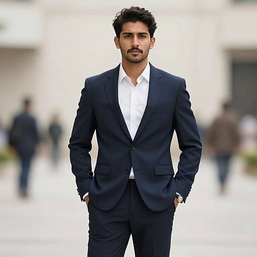 Photograph of a handsome, dark-haired man with a trimmed beard in a sharp, dark navy suit and white shirt, standing confidently with hands in pockets