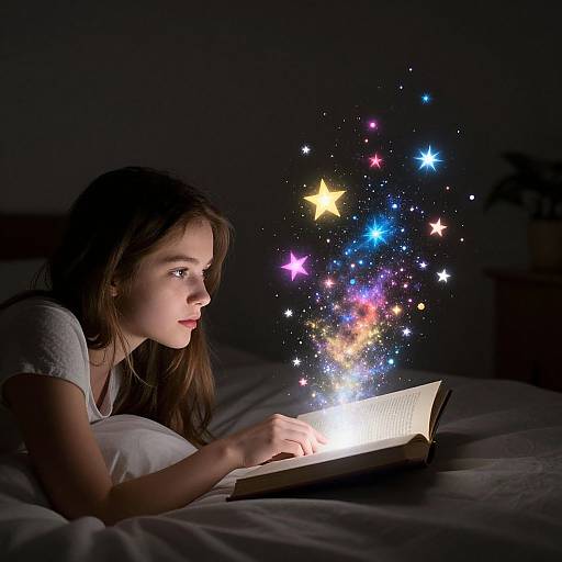 Photograph of a young woman with long brown hair, wearing a white shirt, lying in bed, reading a book with colorful, glowing stars emerging from