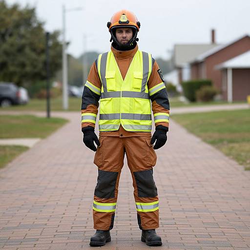 Photograph of a male firefighter standing on a brick path, wearing an orange helmet, yellow reflective vest, and brown firefighting gear. Suburban background