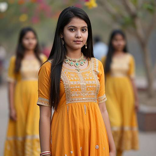 Photograph of a young Indian woman with long black hair, wearing an orange traditional dress with white embroidery, standing in front of two blurred women in similar