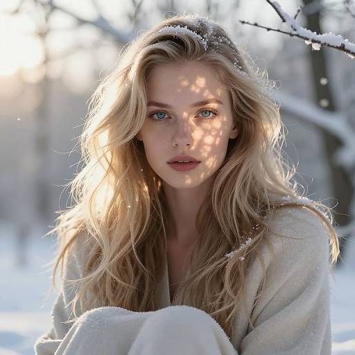 Photograph of a blonde woman with long, wavy hair, blue eyes, and fair skin, sitting in a snowy forest, wearing a white coat