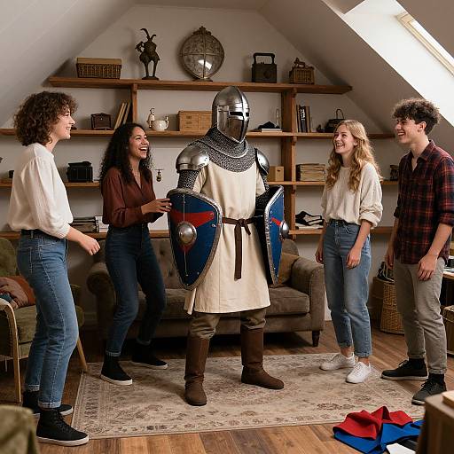 Photograph of four young adults in a cozy attic room, laughing and interacting with a person in a medieval knight costume.