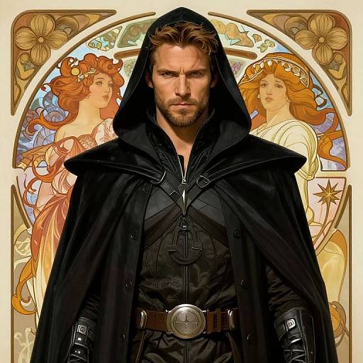 Digital art of a serious, bearded man in a black hooded cloak, flanked by two ornately dressed, red-haired women in a stained