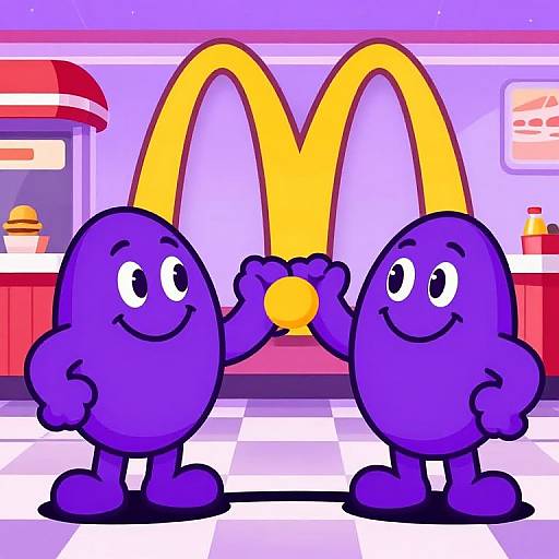 Two purple, cartoonish, smiley characters high-five in front of a large yellow McDonald's 