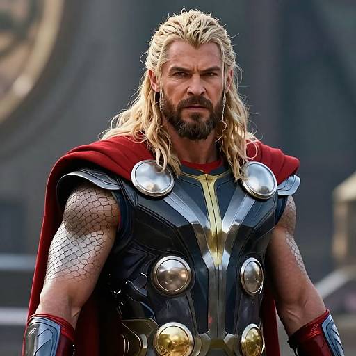 Photograph of a muscular, blond-haired man with a beard, wearing a red cape, black and silver armored chest plate, and gold accents, standing