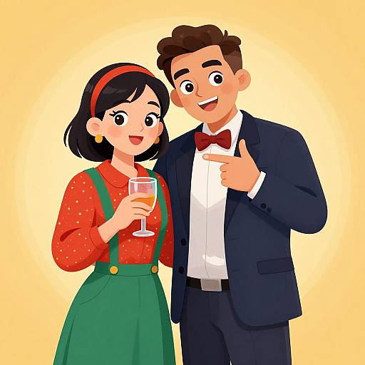 Cartoon illustration of a smiling couple; woman in red polka-dot blouse, green skirt, holding a glass, man in black suit, bow tie