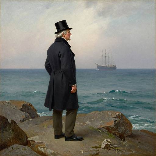 Elderly man in black coat and top hat stands on rocky shore, gazing at distant sailing ship on calm sea. Painting style.