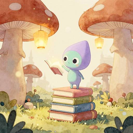 Whimsical Alien in Mushroom Library