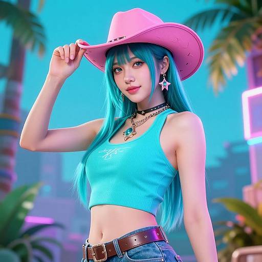 Digital artwork of a cute, blue-haired woman in a pink cowboy hat, turquoise crop top, and denim jeans, standing against a neon-lit,
