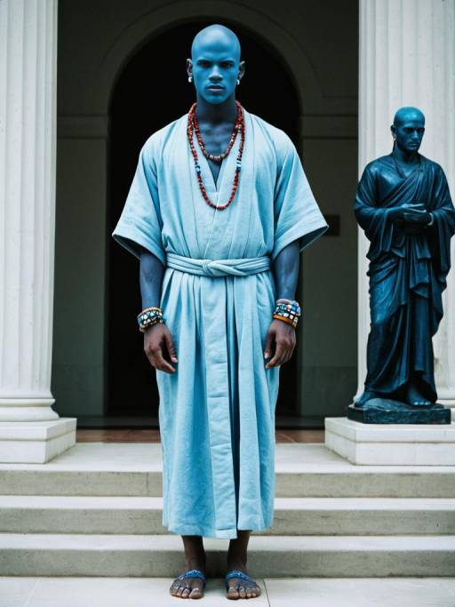Blue-Skinned Man in Robe with Jewelry Standing Outdoors