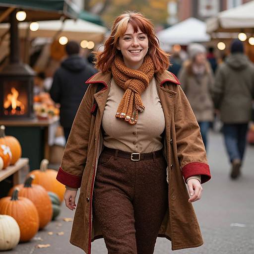 Joyful Woman in Fall Market Scene