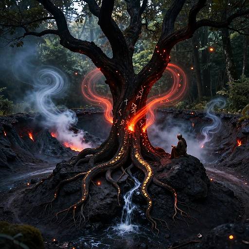 Mystical Volcanic Tree with Goblin Shaman