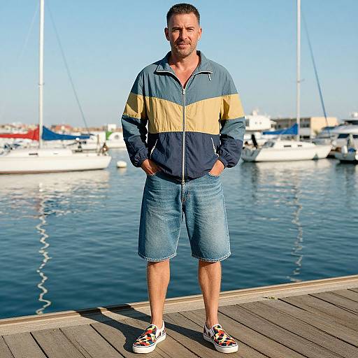 Photograph of a muscular, bearded man in a blue, yellow, and navy jacket, denim knee-length shorts, and patterned sneakers, standing