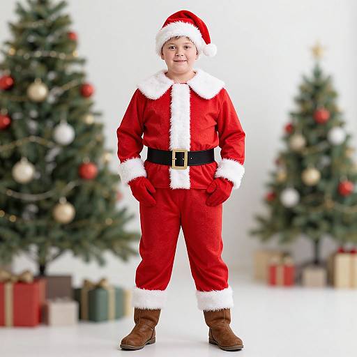 Photograph of a smiling young boy in a red Santa suit with white trim, brown boots, and a black belt, standing between two blurred, decorated