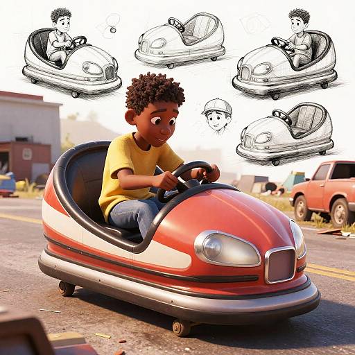 Photograph of a black boy with curly hair, wearing a yellow shirt and blue jeans, riding a red and white go-kart on a street,