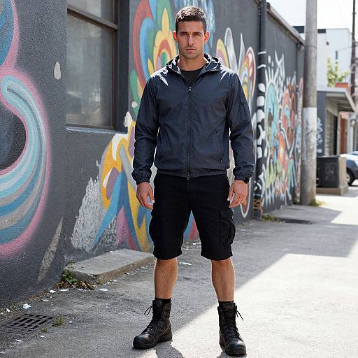 Photograph of a muscular man with short dark hair, wearing a black jacket, black cargo shorts, and black boots, standing on a graffiti-covered urban