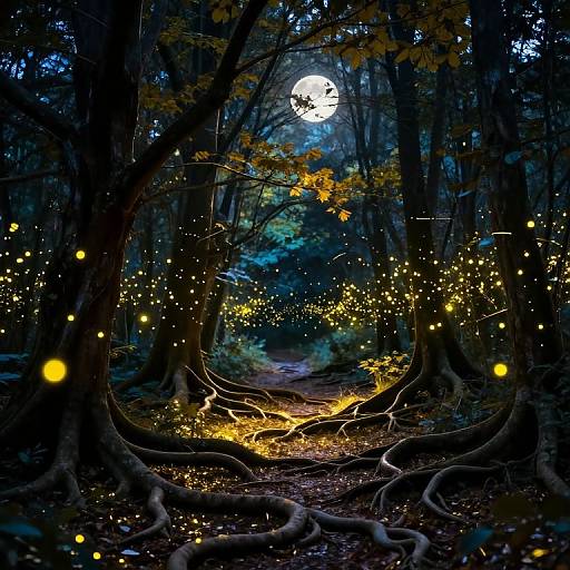 Enchanted forest at night, illuminated by glowing fireflies, under a full moon, with twisted tree roots and vibrant autumn leaves. Digital artwork.