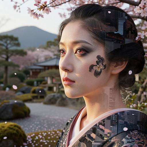 Digital artwork of an East Asian woman with black hair in a traditional updo, wearing a floral face paint, and a patterned kimono, in