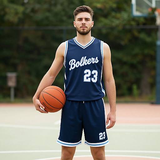Photograph of a bearded, muscular white man with short brown hair, wearing a navy blue 