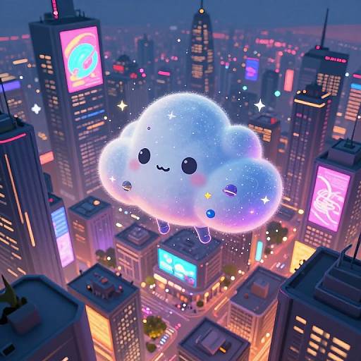 Digital illustration of a cute, glowing, fluffy cloud with a smiling face floating above a vibrant, neon-lit cityscape at night.