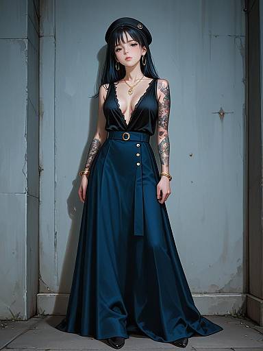 Digital artwork of a tattooed, pale-skinned woman with black hair, wearing a deep V-neck black dress, standing against a worn, gray wall