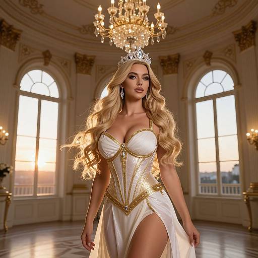 Photorealistic digital artwork of a voluptuous blonde woman with long wavy hair, wearing a white, gold-trimmed corset dress and a