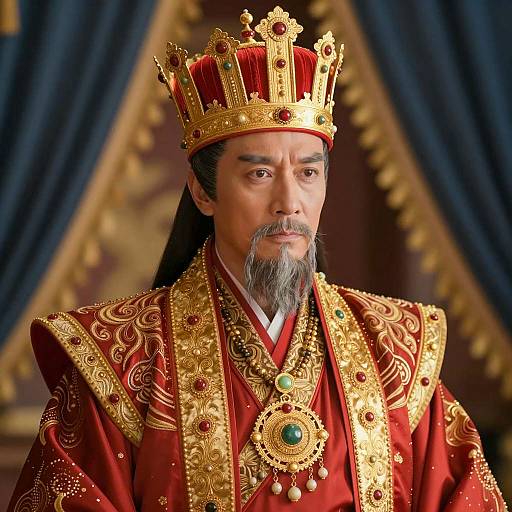 Asian King in Regal Red and Gold Attire