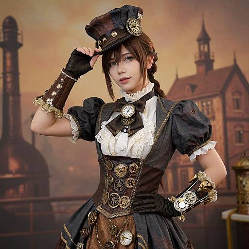 Steampunk woman with brown hair, black top hat, lace-trimmed dress, brass gears, and cuffs, saluting in an industrial Victorian