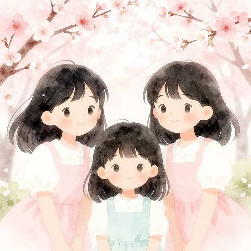 Watercolor-style drawing of three Japanese girls with black hair, wearing white shirts, standing together under blooming cherry blossoms.