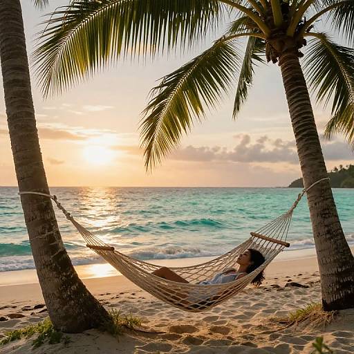 Relaxing in Hammock on Tropical Beach at Sunset