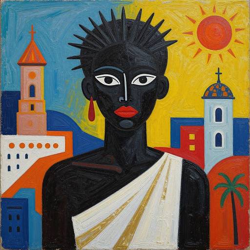 Abstract Black Figure with Vibrant Architecture